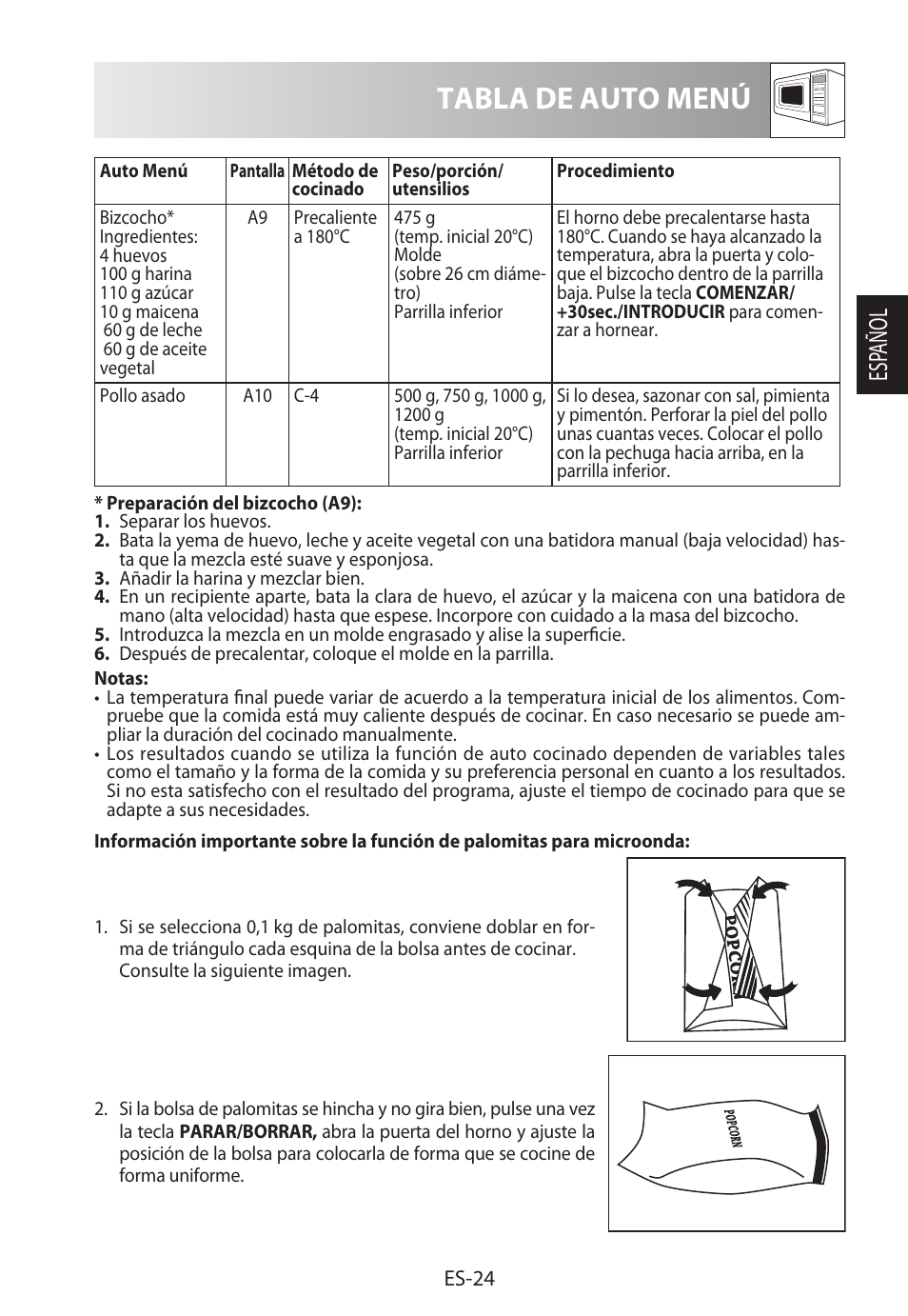 Tabla de auto menú, Esp añol | Sharp R-922STWE User Manual | Page 53 / 266