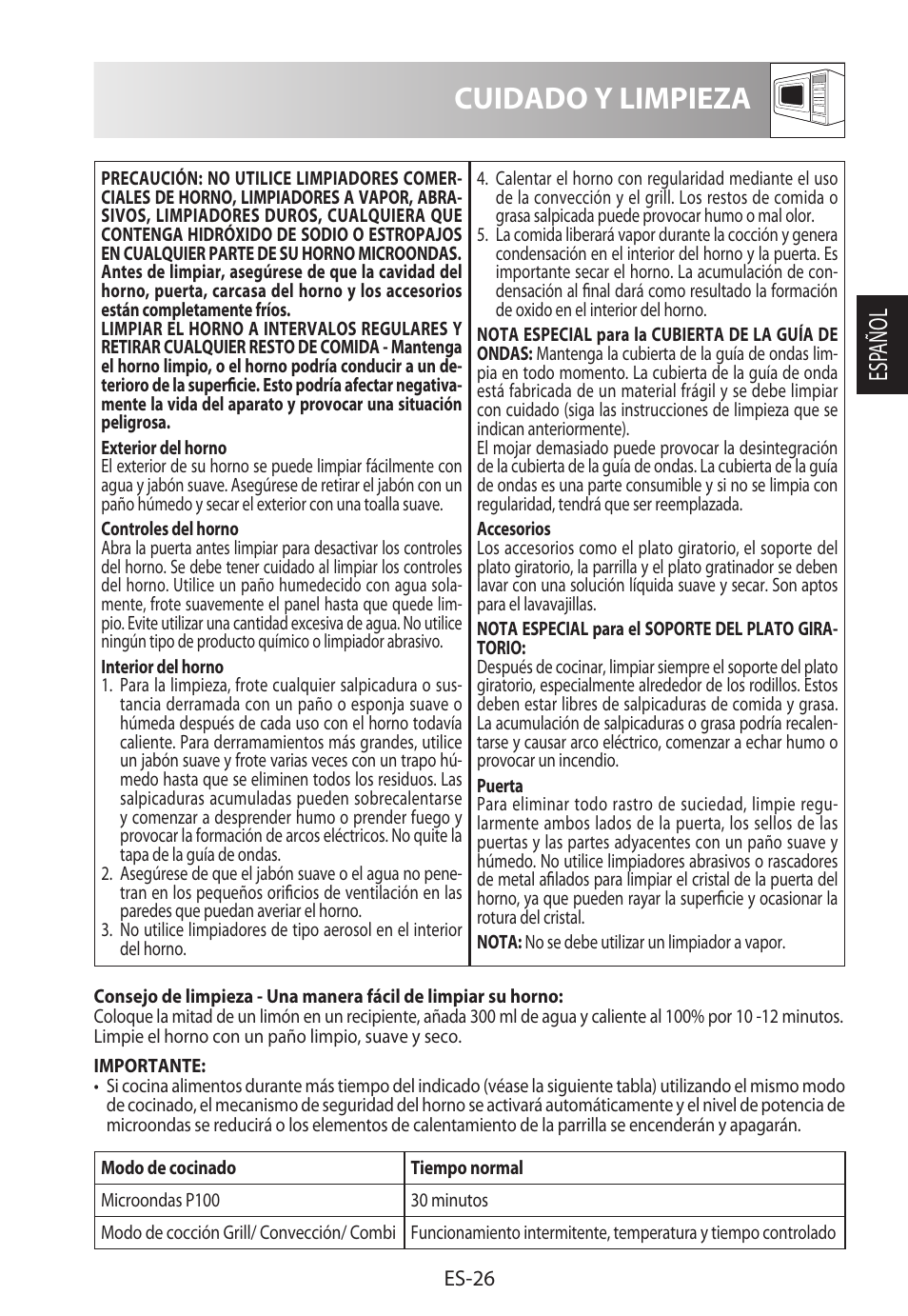 Cuidado y limpieza, Esp añol | Sharp R-922STWE User Manual | Page 55 / 266