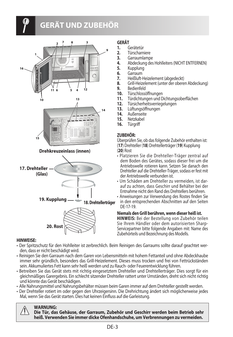 Gerät und zubehör, De-3 | Sharp R-922STWE User Manual | Page 6 / 266