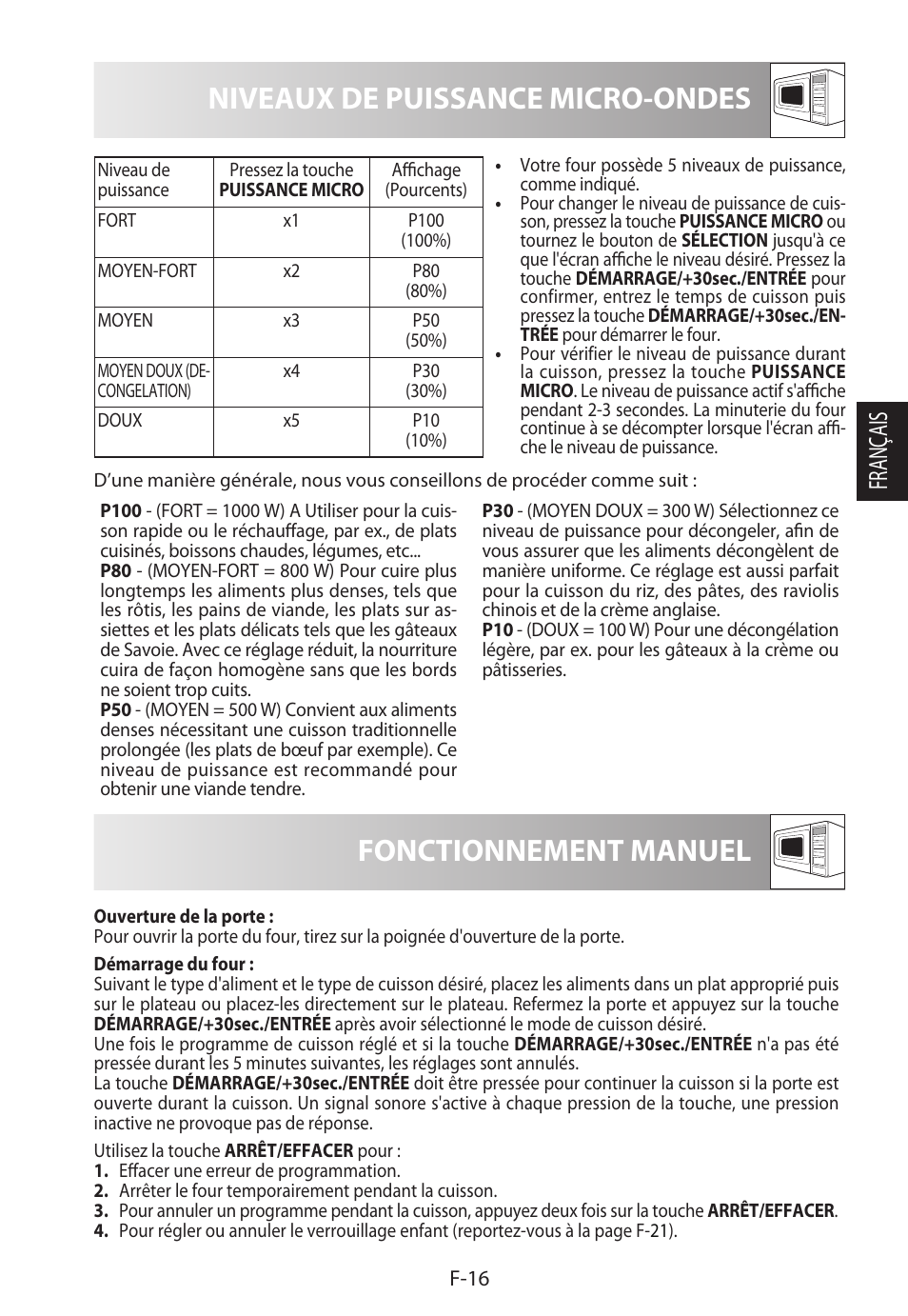 Niveaux de puissance micro-ondes, Fonctionnement manuel, Français | Sharp R-922STWE User Manual | Page 71 / 266