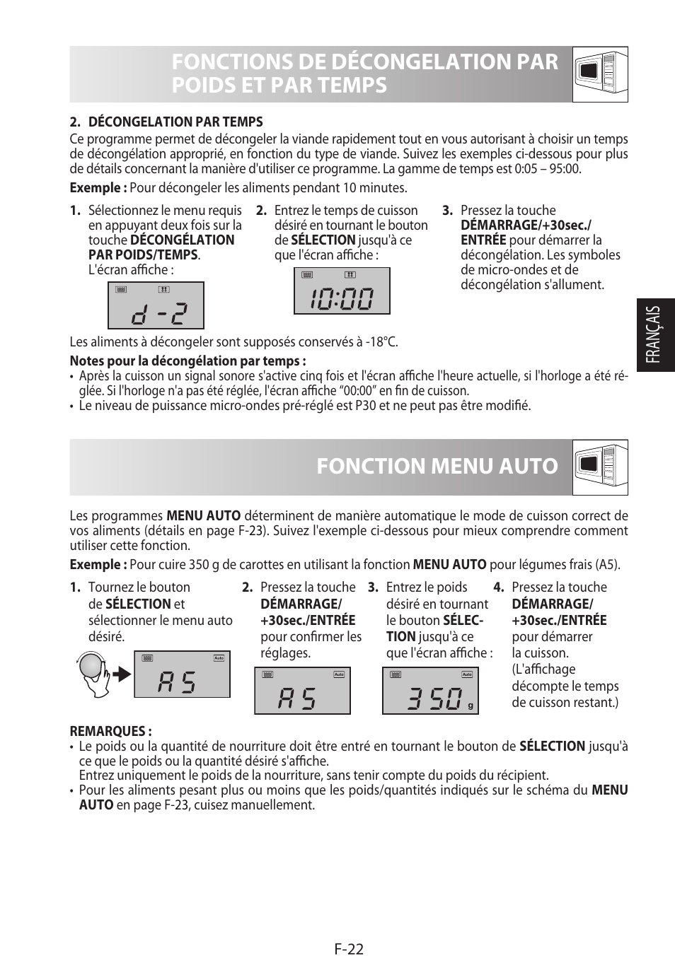 Fonctions de décongelation par poids et par temps, Fonction menu auto, Français | Sharp R-922STWE User Manual | Page 77 / 266