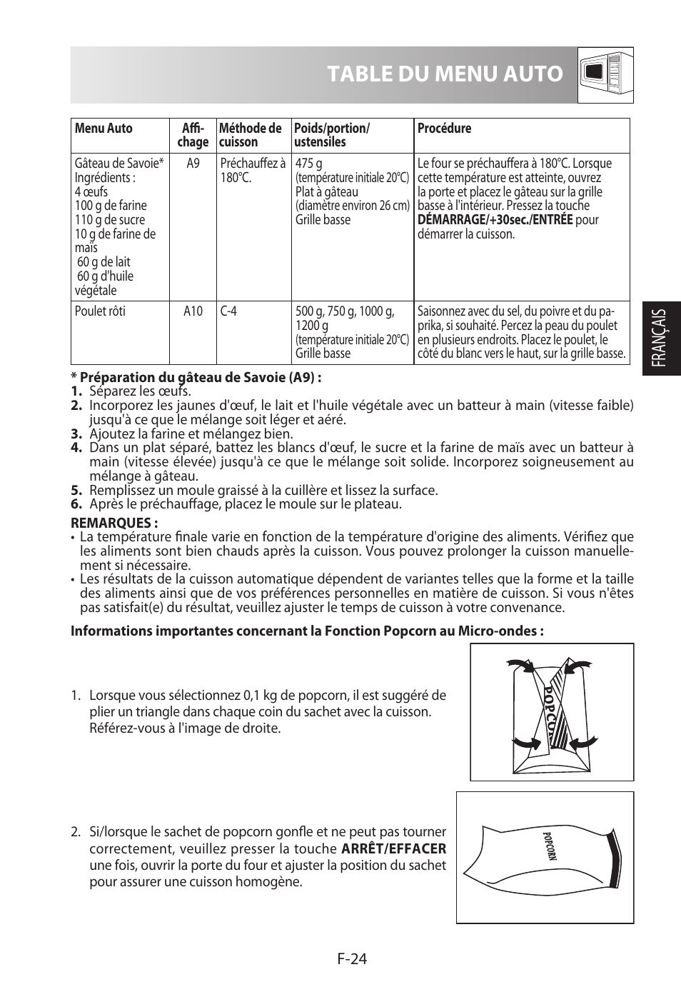 Table du menu auto, Français | Sharp R-922STWE User Manual | Page 79 / 266
