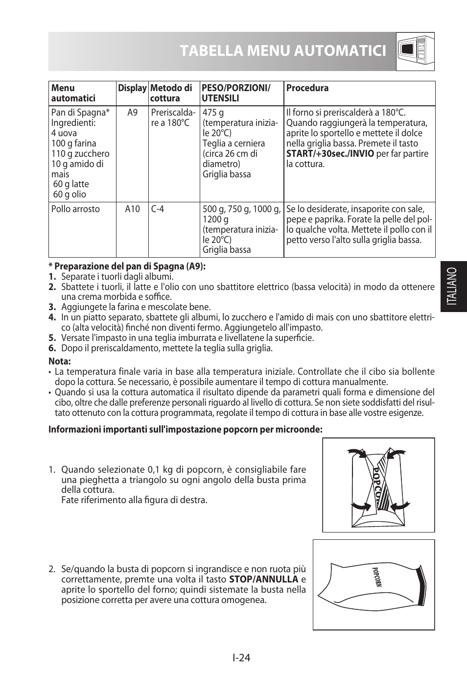 Tabella menu automatici, It aliano | Sharp R-982STWE User Manual | Page 105 / 266