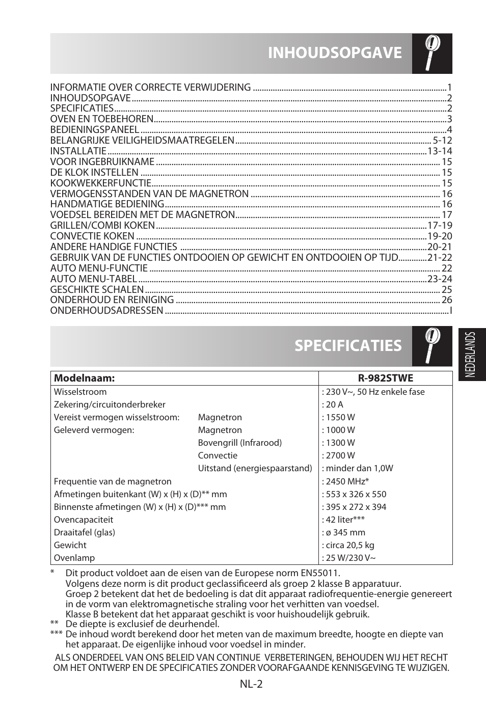 Specificaties inhoudsopgave, Nederlands, Nl-2 | Sharp R-982STWE User Manual | Page 109 / 266