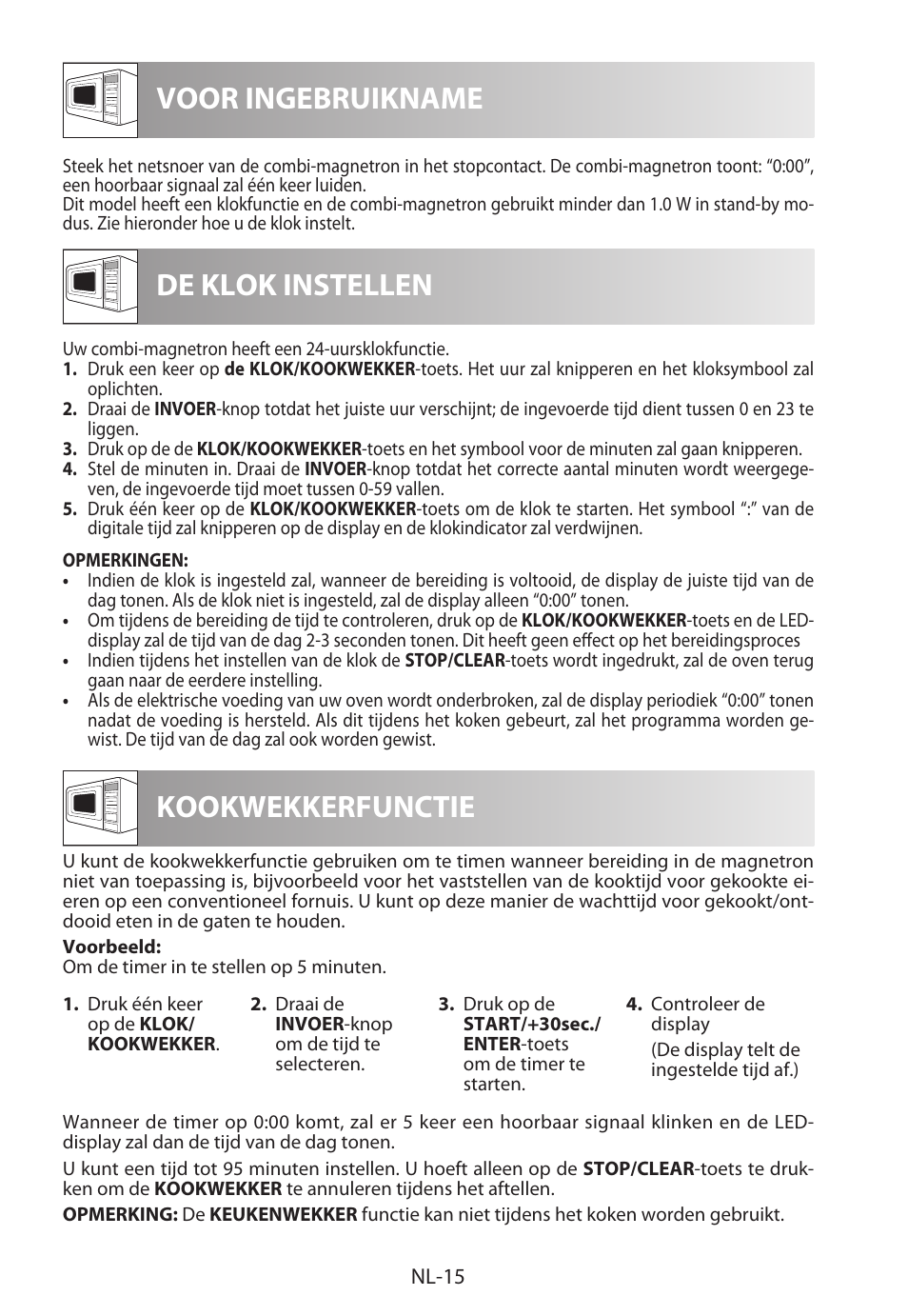 Voor ingebruikname de klok instellen, Kookwekkerfunctie | Sharp R-982STWE User Manual | Page 122 / 266