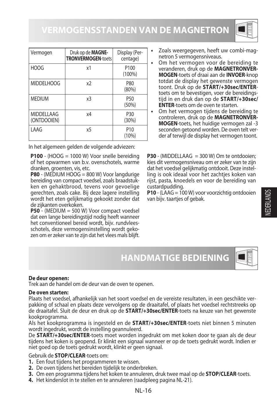 Vermogensstanden van de magnetron, Handmatige bediening, Nederlands | Sharp R-982STWE User Manual | Page 123 / 266