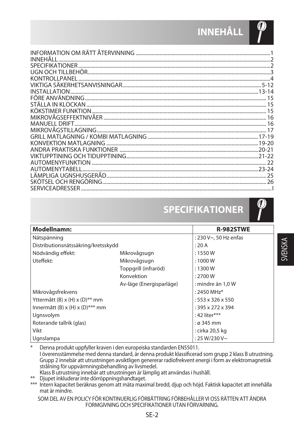 Specifikationer innehåll, Svensk a, Se-2 | Sharp R-982STWE User Manual | Page 135 / 266