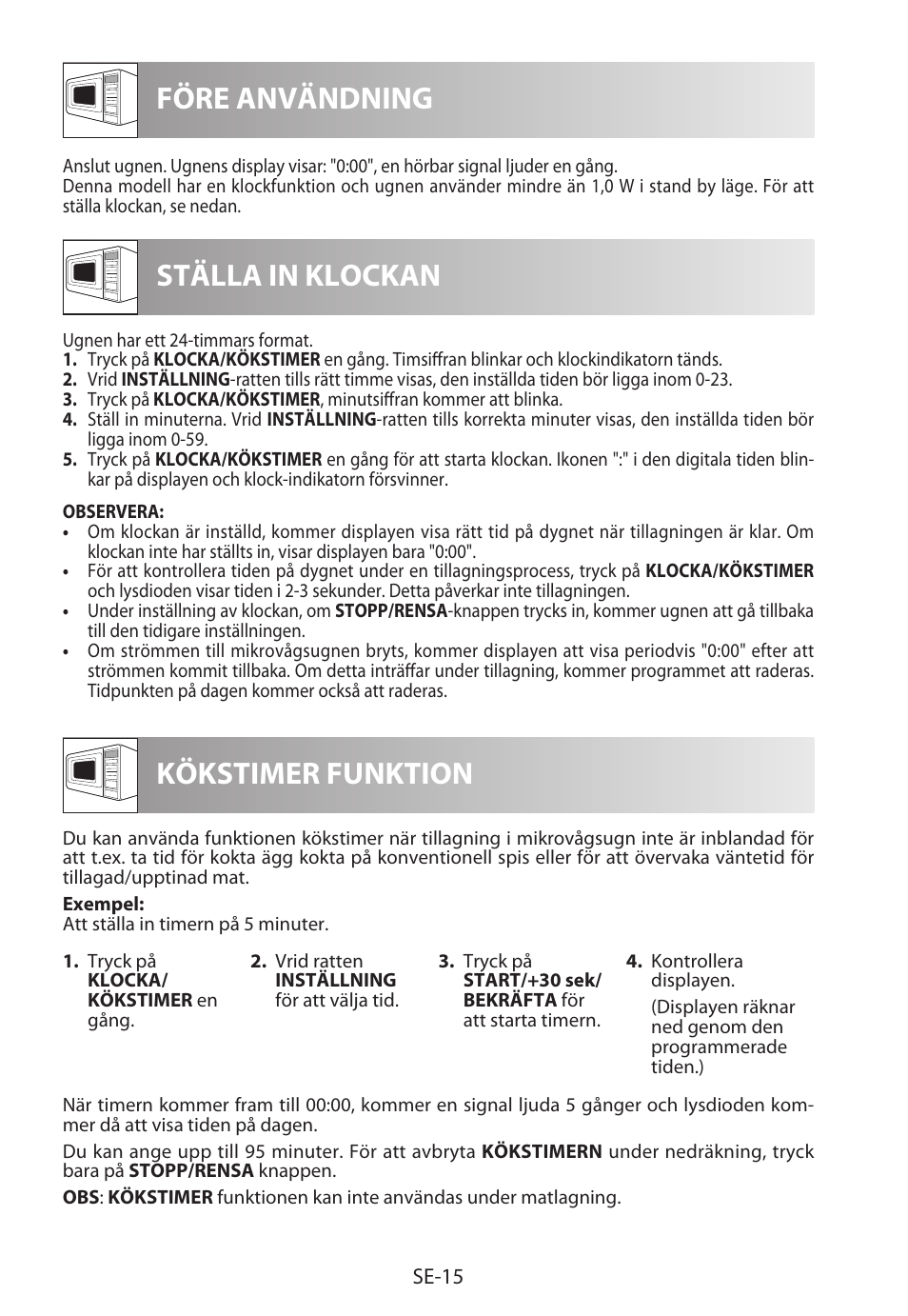 Före användning ställa in klockan, Kökstimer funktion | Sharp R-982STWE User Manual | Page 148 / 266