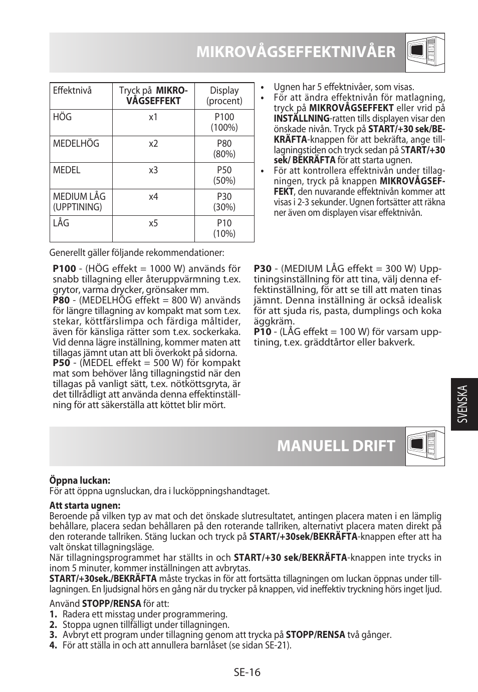 Mikrovågseffektnivåer, Manuell drift, Svensk a | Sharp R-982STWE User Manual | Page 149 / 266