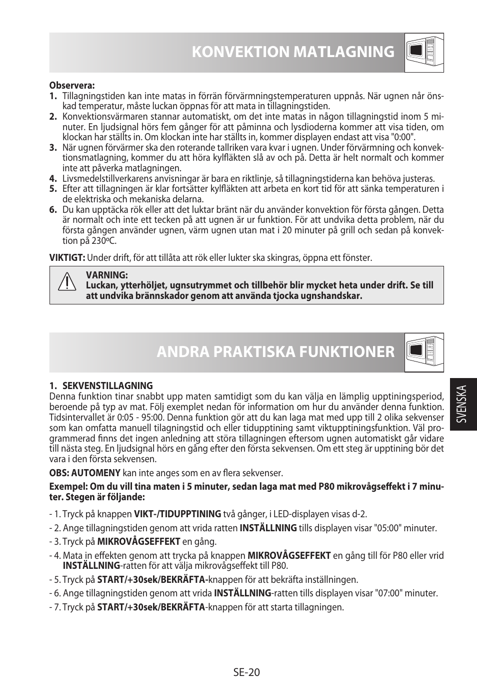 Konvektion matlagning, Andra praktiska funktioner, Svensk a | Sharp R-982STWE User Manual | Page 153 / 266