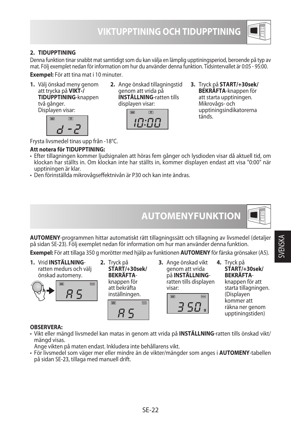 Viktupptining och tidupptining, Automenyfunktion, Svensk a | Sharp R-982STWE User Manual | Page 155 / 266