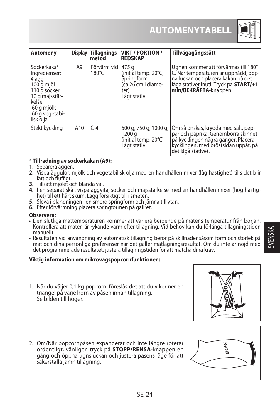 Automenytabell, Svensk a | Sharp R-982STWE User Manual | Page 157 / 266