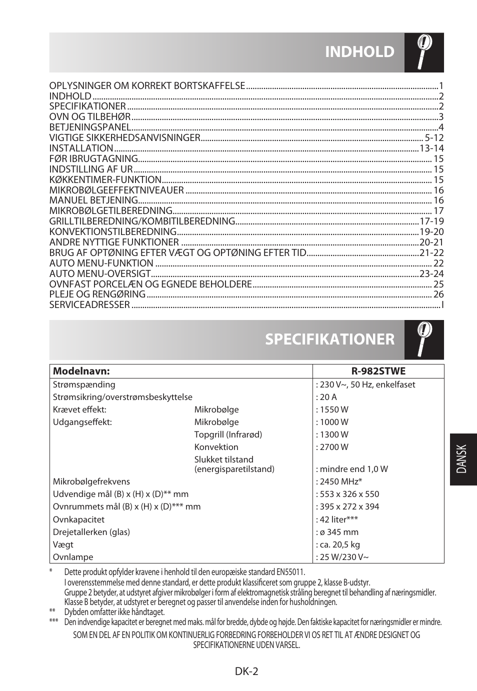 Specifikationer indhold, Da ns k, Dk-2 | Sharp R-982STWE User Manual | Page 161 / 266