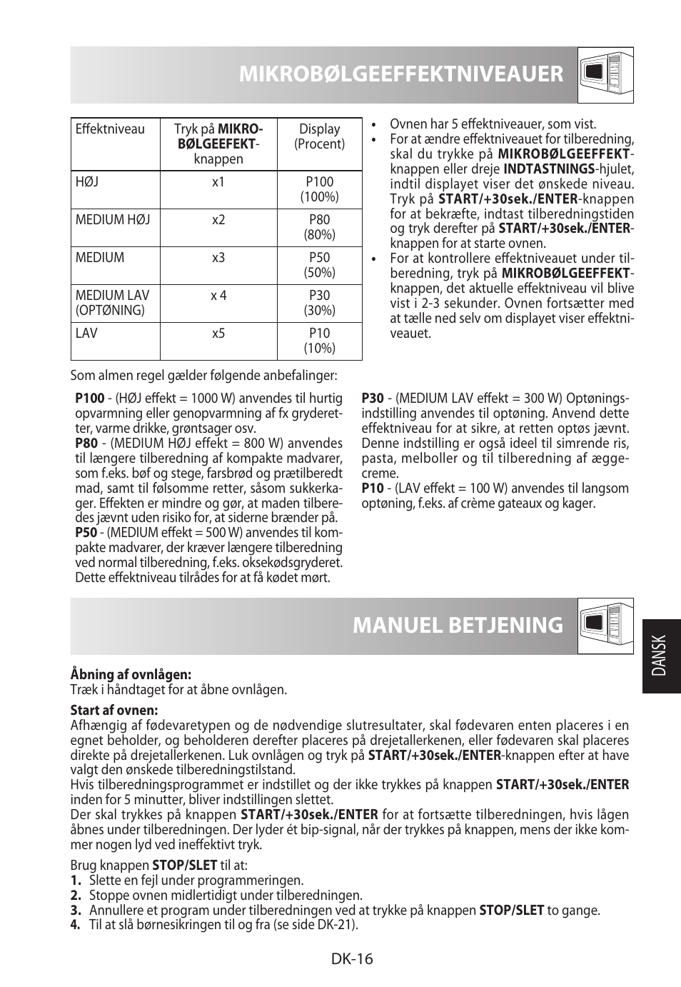 Mikrobølgeeffektniveauer, Manuel betjening, Dansk | Sharp R-982STWE User Manual | Page 175 / 266