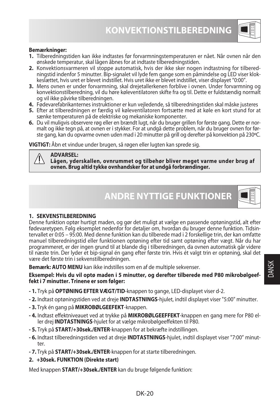 Konvektionstilberedning, Andre nyttige funktioner, Da ns k | Sharp R-982STWE User Manual | Page 179 / 266