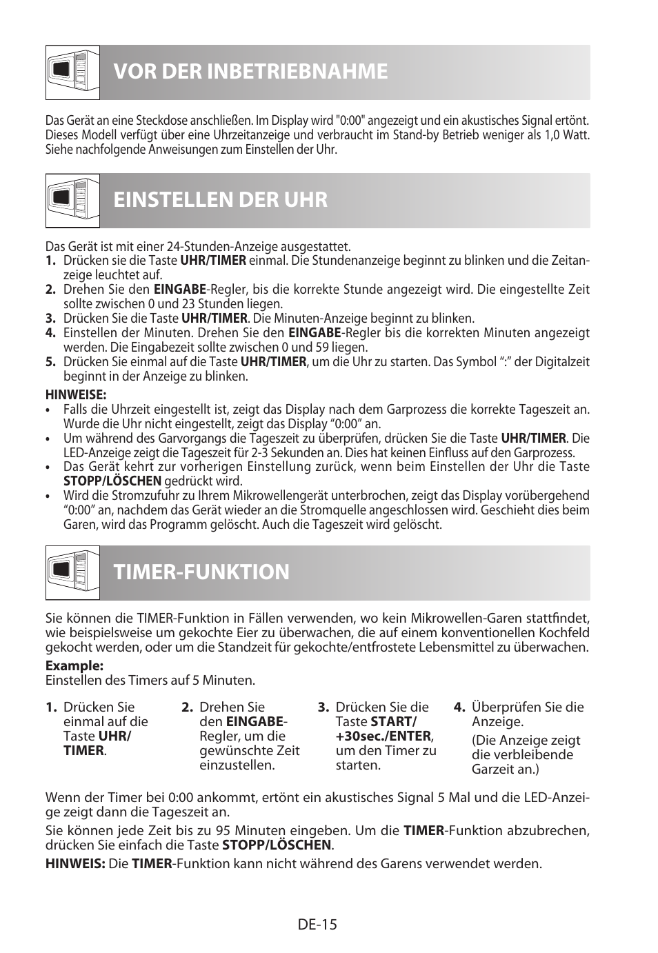 Vor der inbetriebnahme einstellen der uhr, Timer-funktion | Sharp R-982STWE User Manual | Page 18 / 266