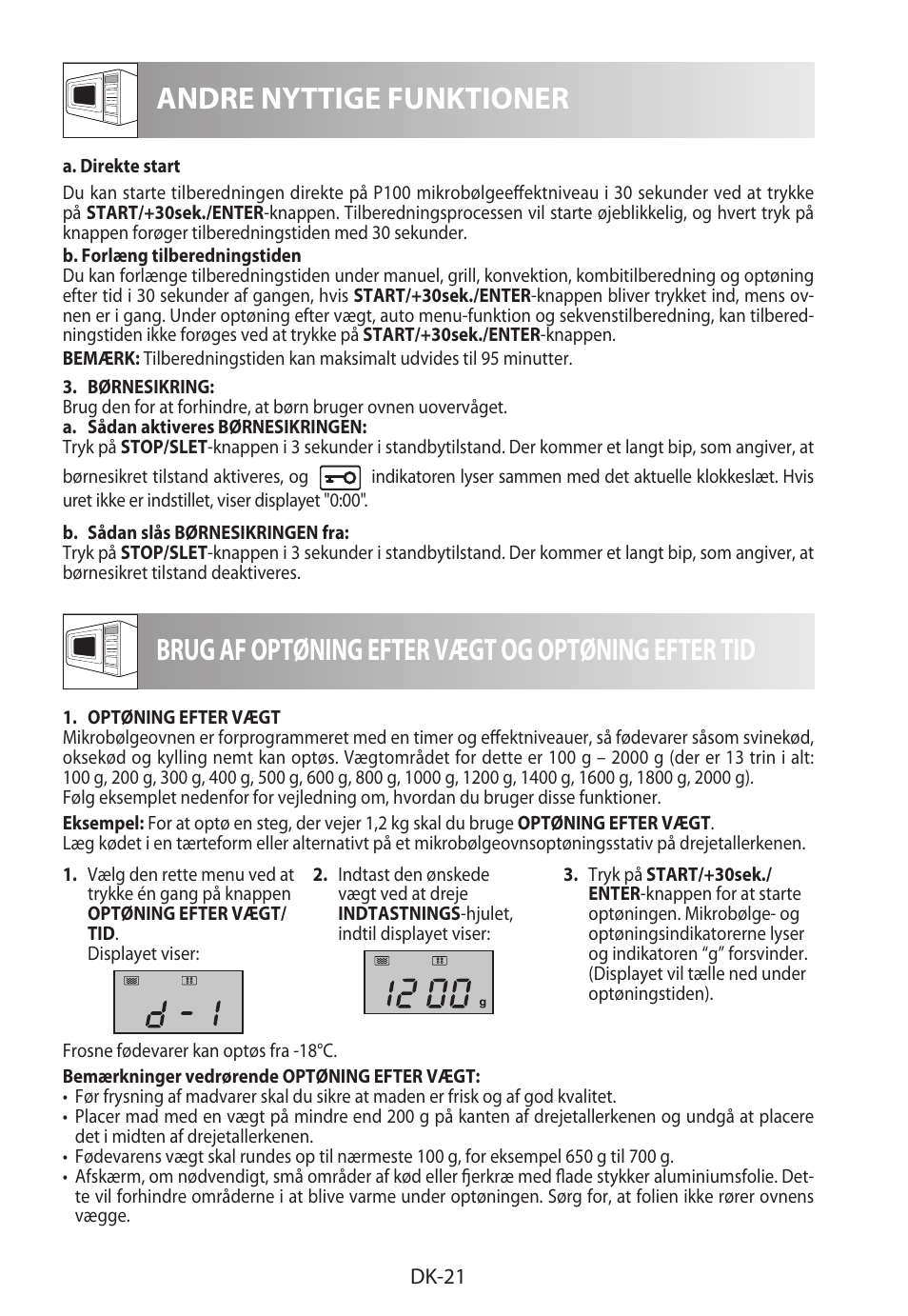 Andre nyttige funktioner, Brug af optøning efter vægt og optøning efter tid | Sharp R-982STWE User Manual | Page 180 / 266