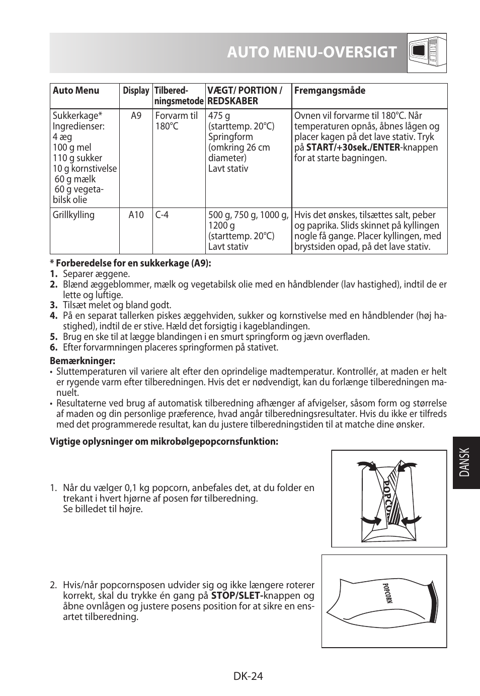 Auto menu-oversigt, Da ns k | Sharp R-982STWE User Manual | Page 183 / 266