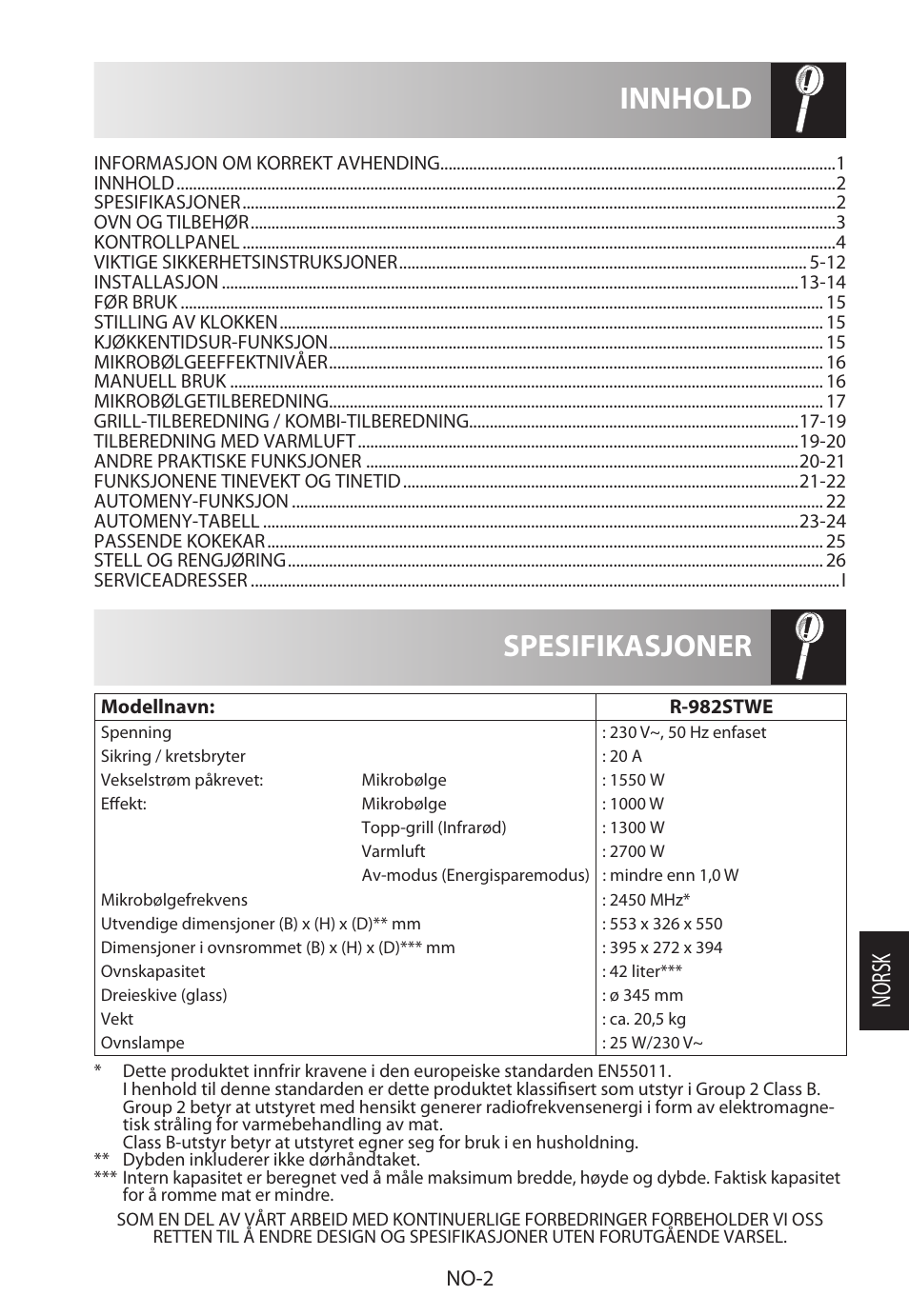 Spesifikasjoner innhold, Norsk, No-2 | Sharp R-982STWE User Manual | Page 187 / 266