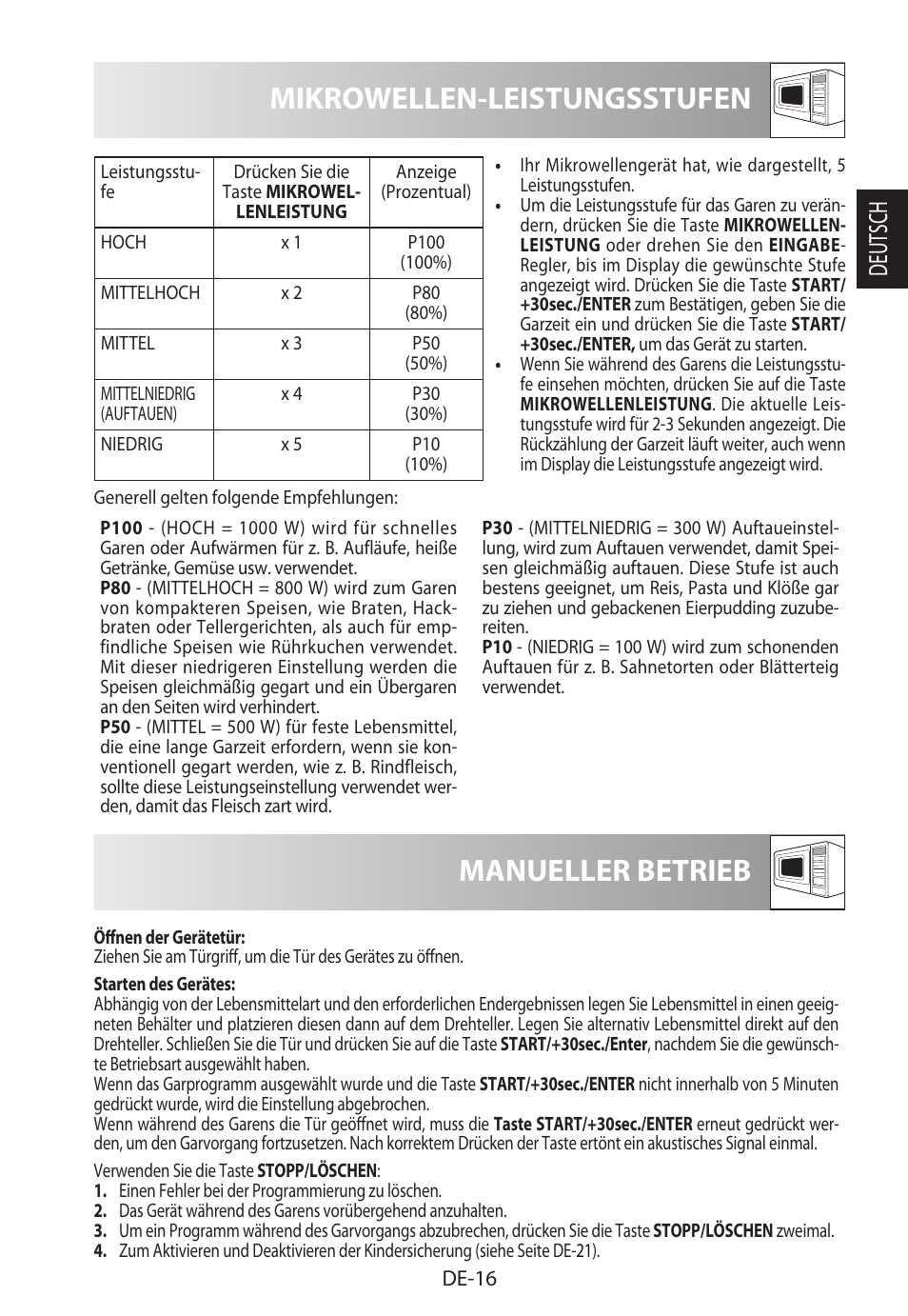 Mikrowellen-leistungsstufen, Manueller betrieb, Deutsch | Sharp R-982STWE User Manual | Page 19 / 266