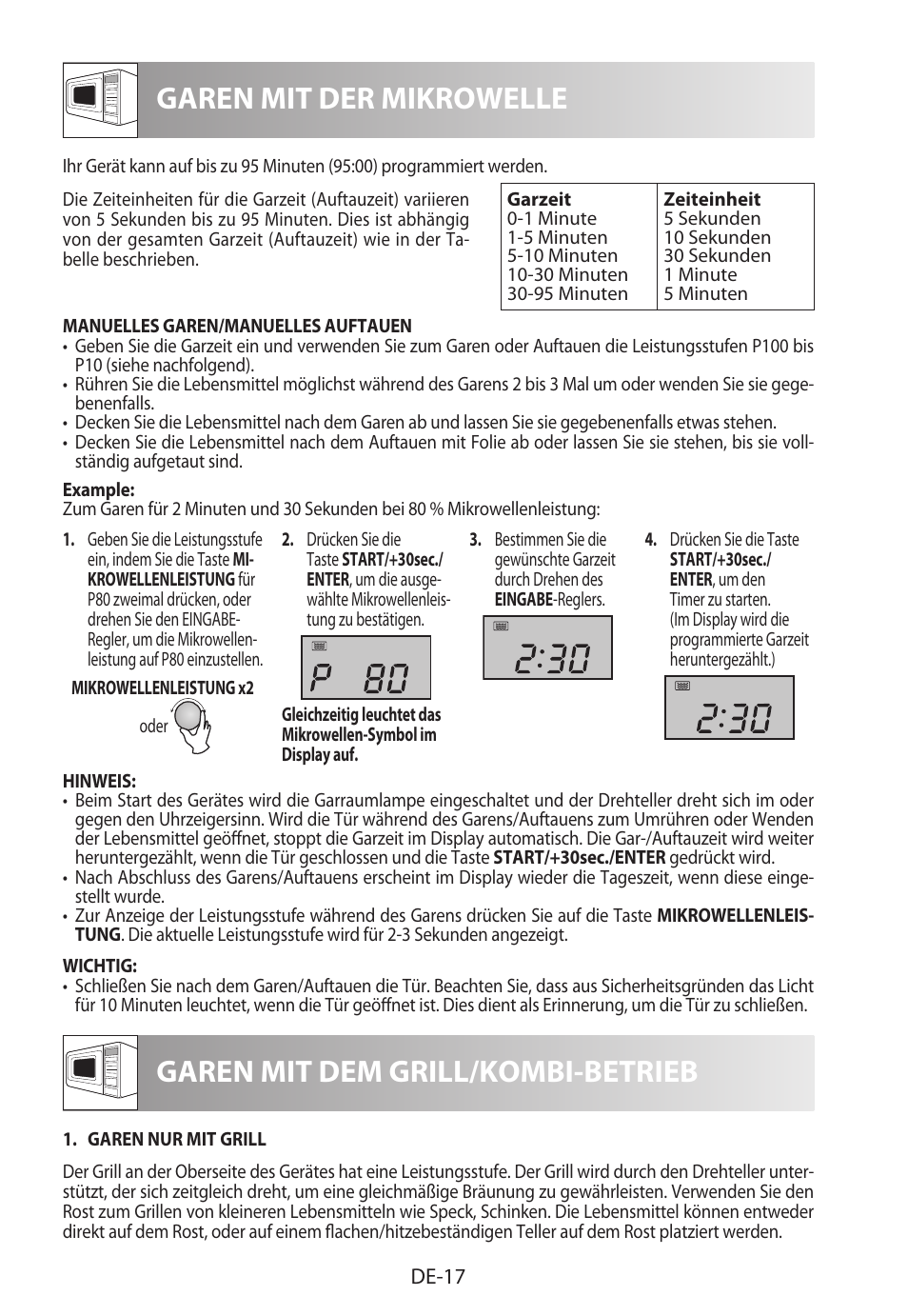 Garen mit der mikrowelle, Garen mit dem grill/kombi-betrieb | Sharp R-982STWE User Manual | Page 20 / 266