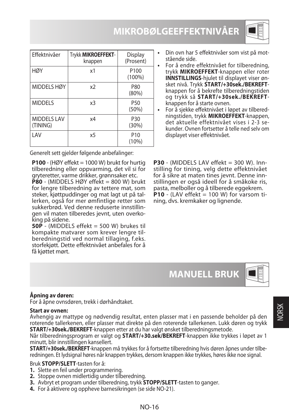 Mikrobølgeeffektnivåer, Manuell bruk, Norsk | Sharp R-982STWE User Manual | Page 201 / 266