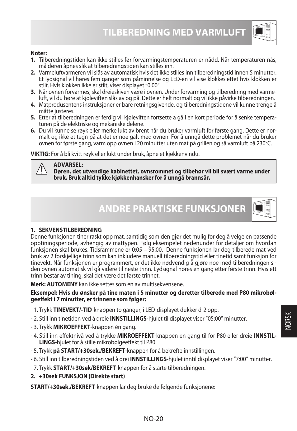 Tilberedning med varmluft, Andre praktiske funksjoner, Norsk | Sharp R-982STWE User Manual | Page 205 / 266