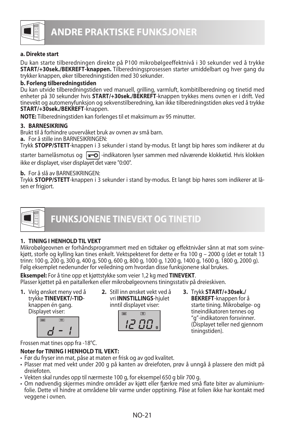 Andre praktiske funksjoner, Funksjonene tinevekt og tinetid | Sharp R-982STWE User Manual | Page 206 / 266