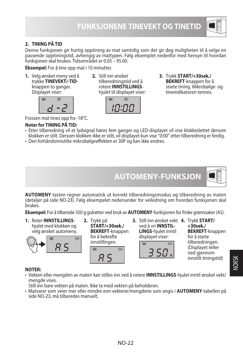 Funksjonene tinevekt og tinetid, Automeny-funksjon, Norsk | Sharp R-982STWE User Manual | Page 207 / 266