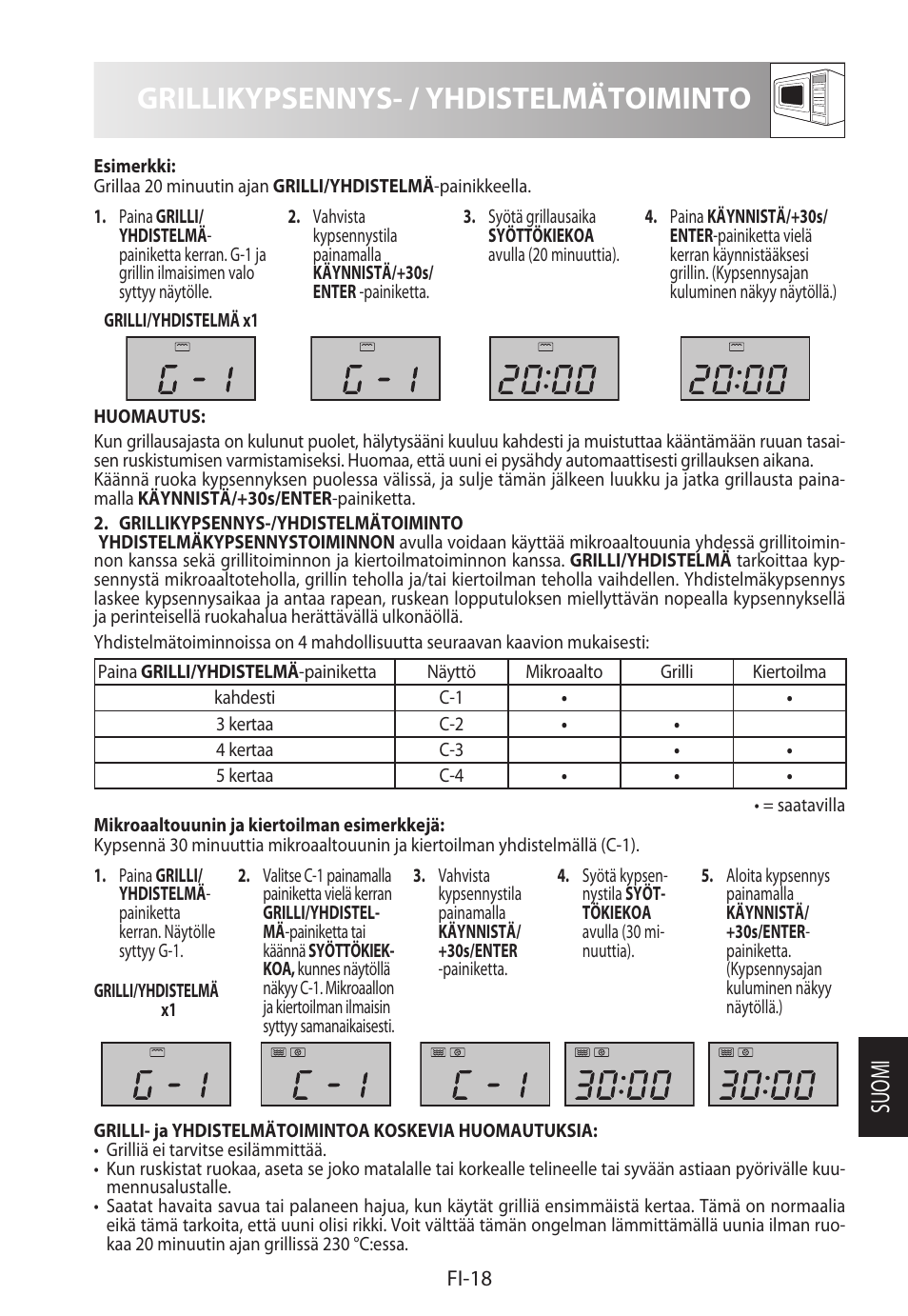 Grillikypsennys- / yhdistelmätoiminto, Suomi | Sharp R-982STWE User Manual | Page 229 / 266