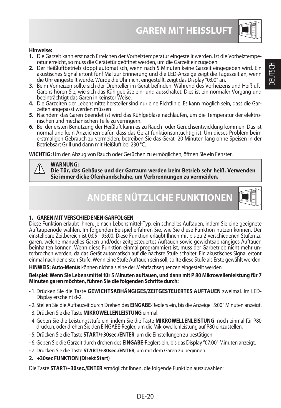 Garen mit heissluft, Andere nützliche funktionen, Deutsch | Sharp R-982STWE User Manual | Page 23 / 266