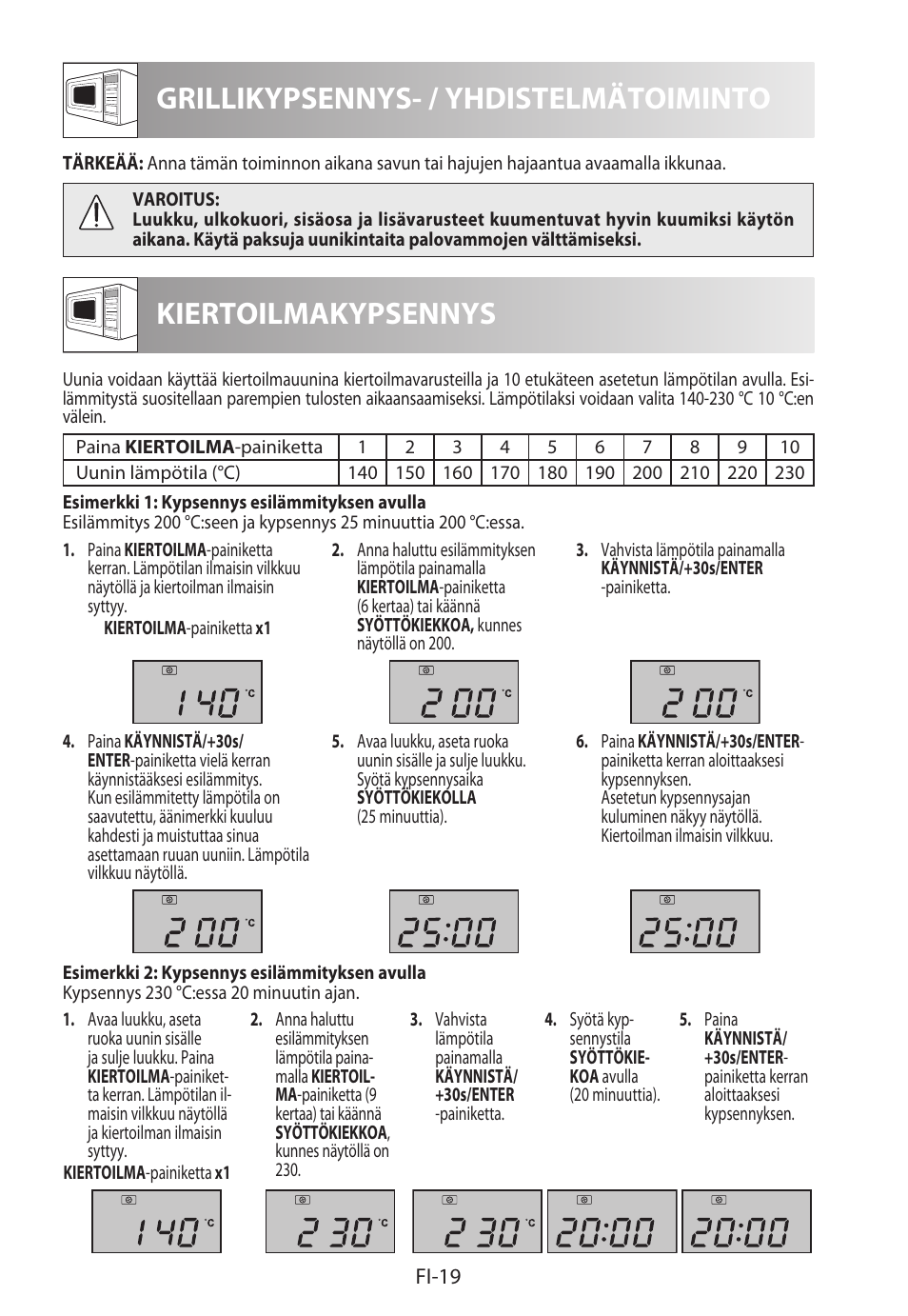 Grillikypsennys- / yhdistelmätoiminto, Kiertoilmakypsennys | Sharp R-982STWE User Manual | Page 230 / 266