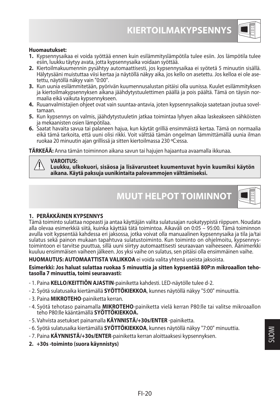 Kiertoilmakypsennys, Muut helpot toiminnot, Suomi | Sharp R-982STWE User Manual | Page 231 / 266