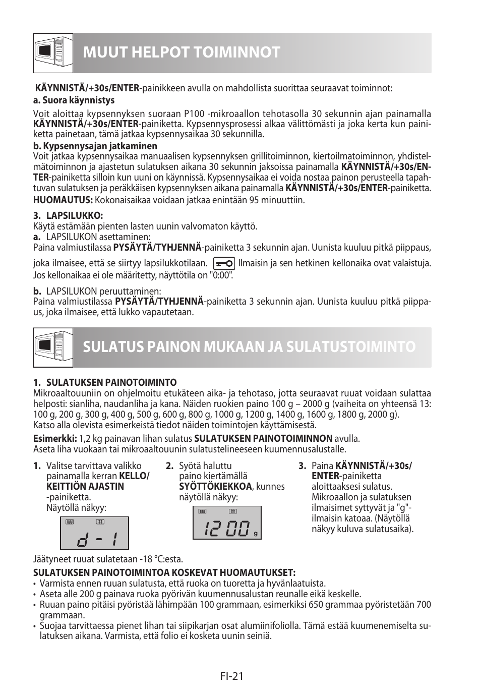 Muut helpot toiminnot, Sulatus painon mukaan ja sulatustoiminto | Sharp R-982STWE User Manual | Page 232 / 266