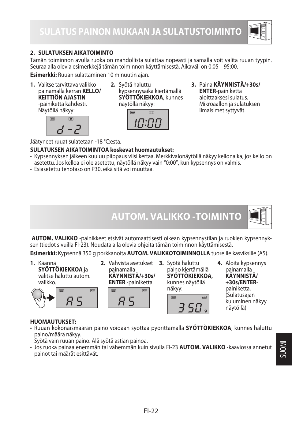 Sulatus painon mukaan ja sulatustoiminto, Autom. valikko -toiminto, Suomi | Sharp R-982STWE User Manual | Page 233 / 266