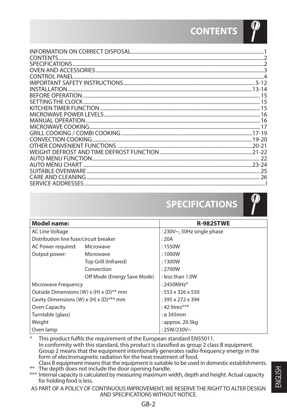 Specifications contents, English, Gb-2 | Sharp R-982STWE User Manual | Page 239 / 266