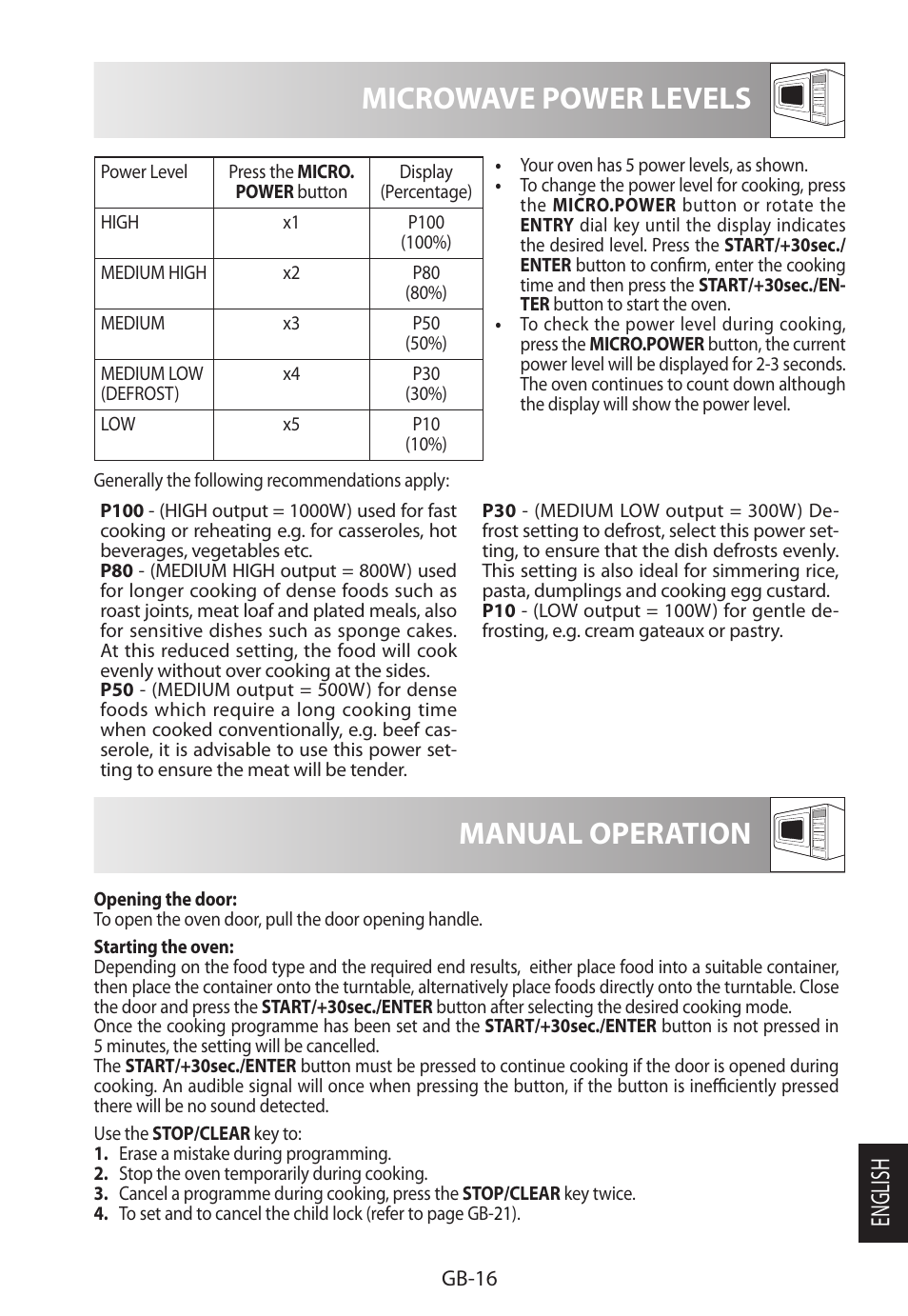 Microwave power levels, Manual operation, English | Sharp R-982STWE User Manual | Page 253 / 266