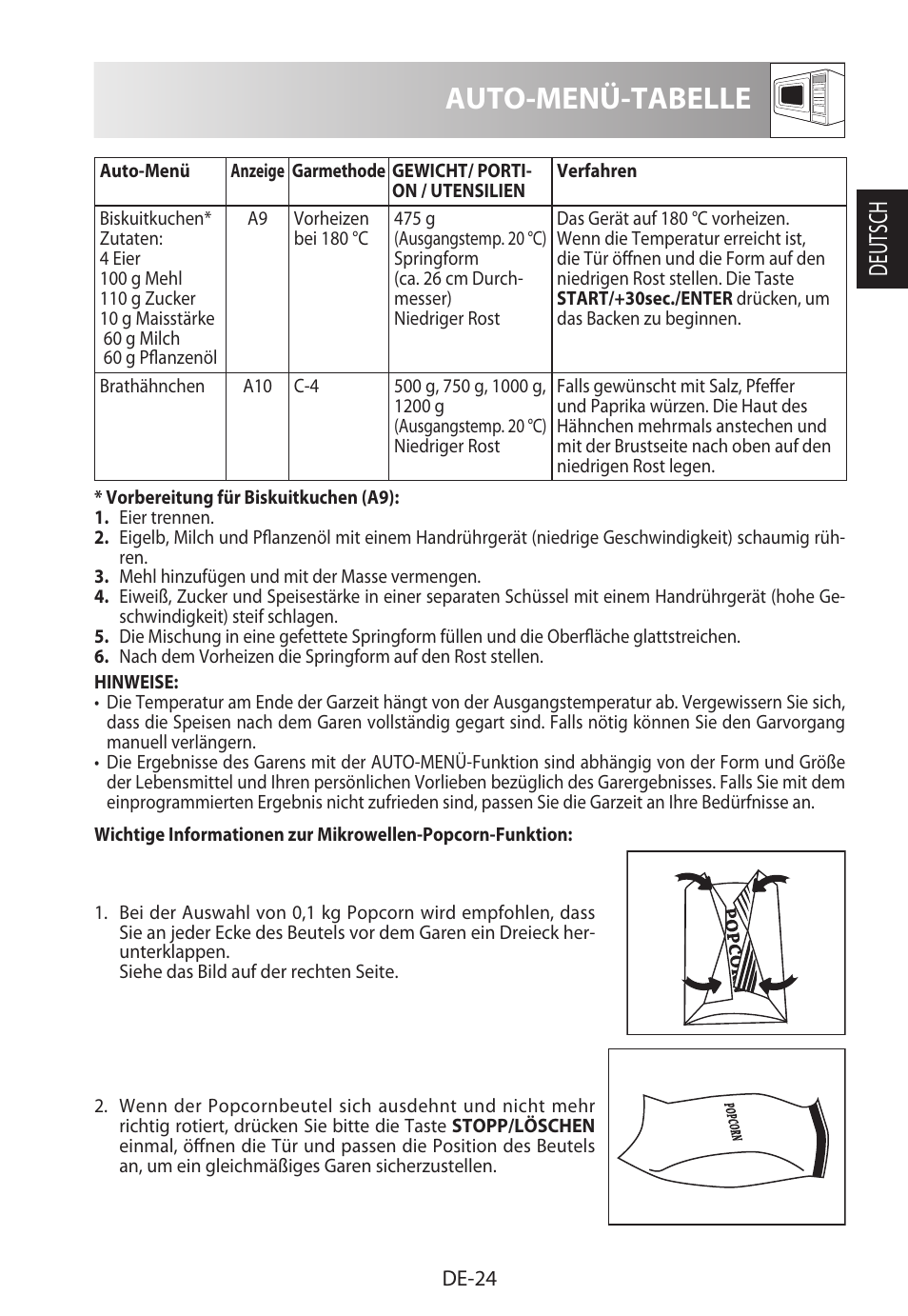 Auto-menü-tabelle, Deutsch | Sharp R-982STWE User Manual | Page 27 / 266