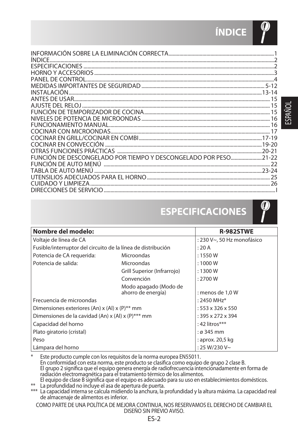 Especificaciones índice, Esp añol, Es-2 | Sharp R-982STWE User Manual | Page 31 / 266