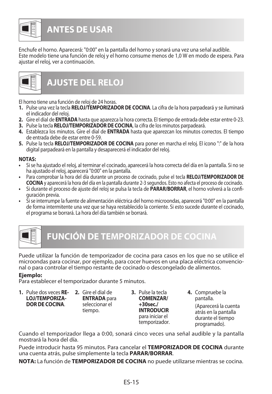 Antes de usar ajuste del reloj, Función de temporizador de cocina | Sharp R-982STWE User Manual | Page 44 / 266