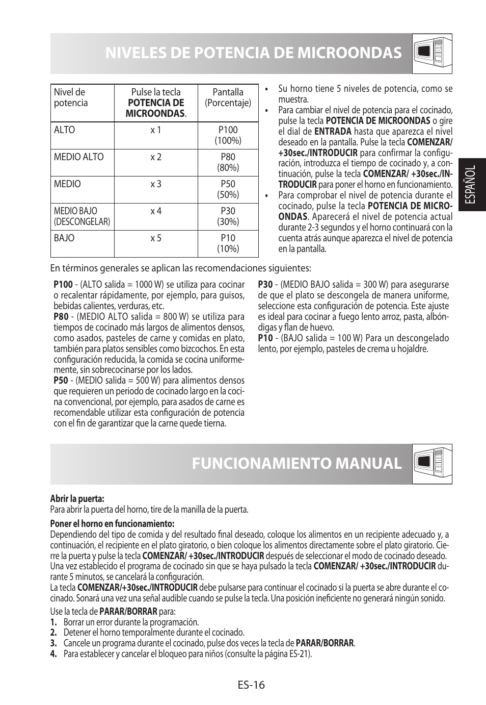 Niveles de potencia de microondas, Funcionamiento manual, Esp añol | Sharp R-982STWE User Manual | Page 45 / 266