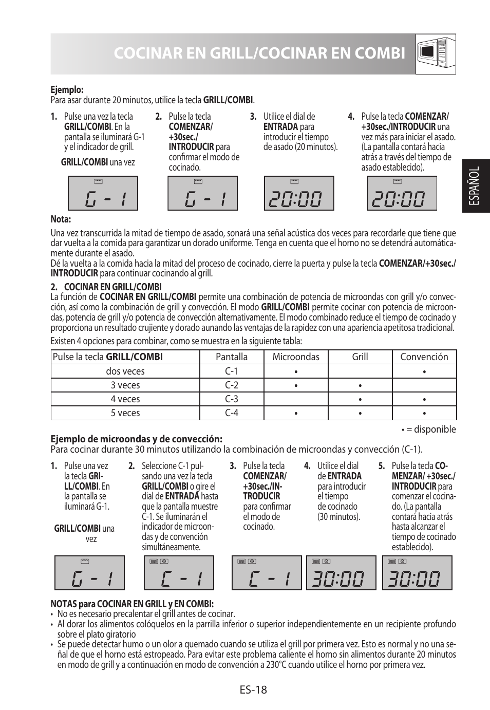 Cocinar en grill/cocinar en combi, Esp añol | Sharp R-982STWE User Manual | Page 47 / 266