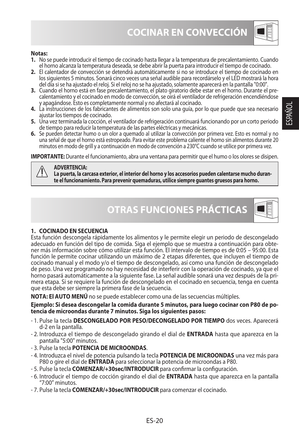 Cocinar en convección, Otras funciones prácticas, Esp añol | Sharp R-982STWE User Manual | Page 49 / 266