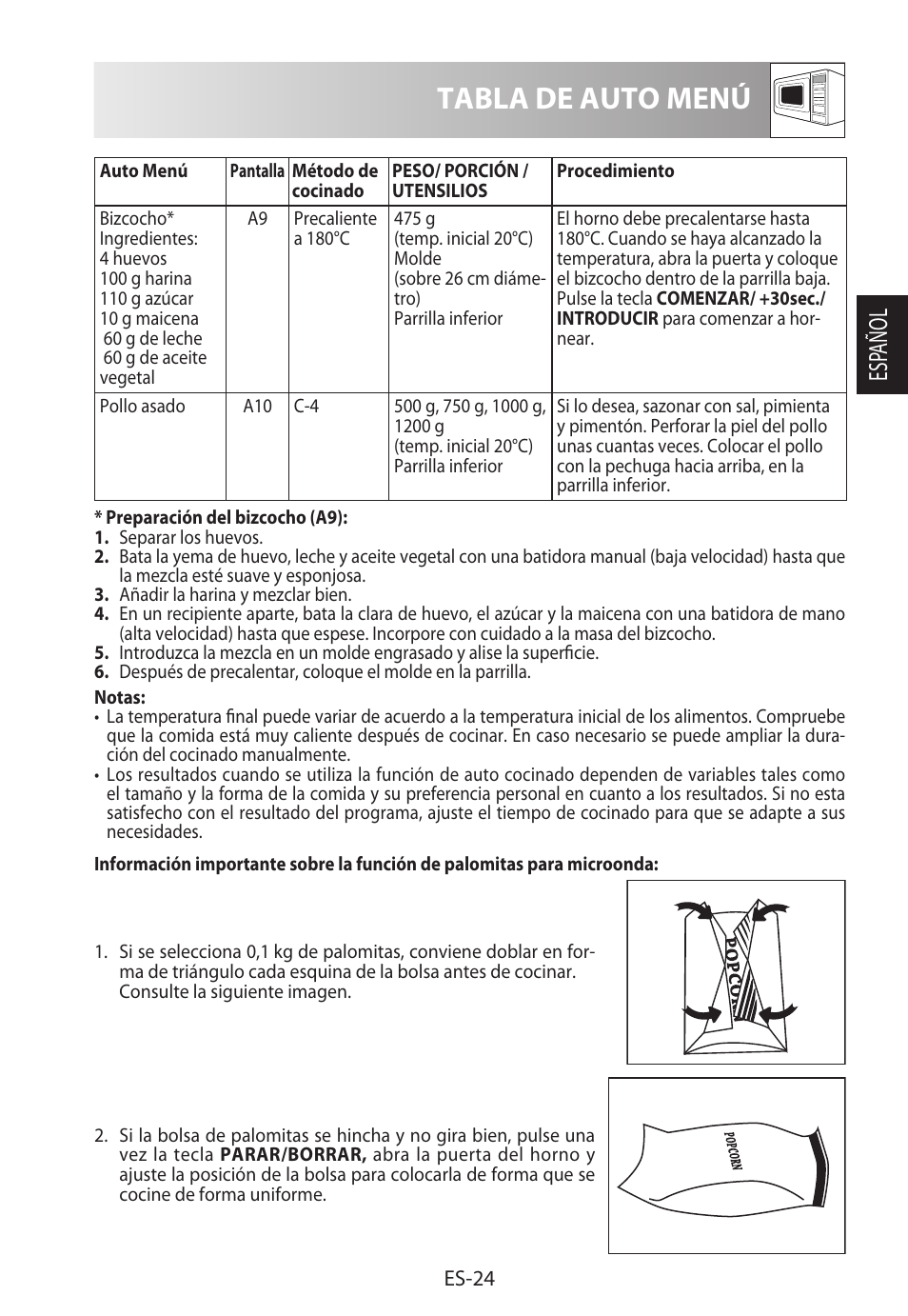 Tabla de auto menú, Esp añol | Sharp R-982STWE User Manual | Page 53 / 266