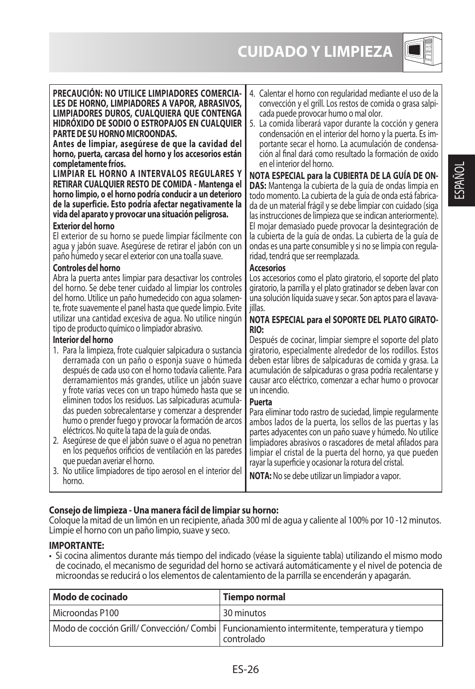 Cuidado y limpieza, Esp añol | Sharp R-982STWE User Manual | Page 55 / 266