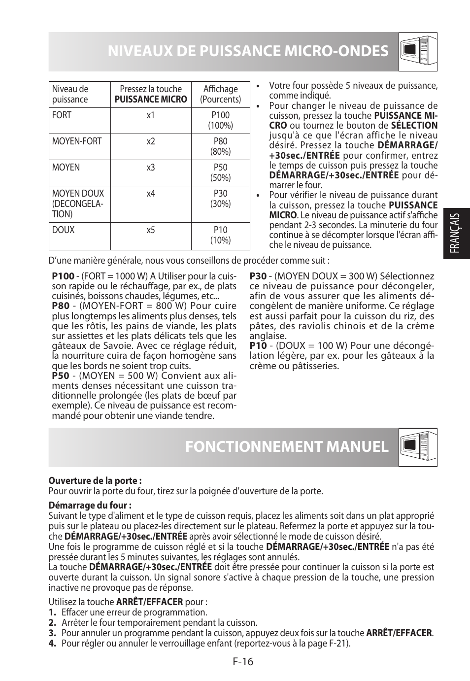 Niveaux de puissance micro-ondes, Fonctionnement manuel, Français | Sharp R-982STWE User Manual | Page 71 / 266