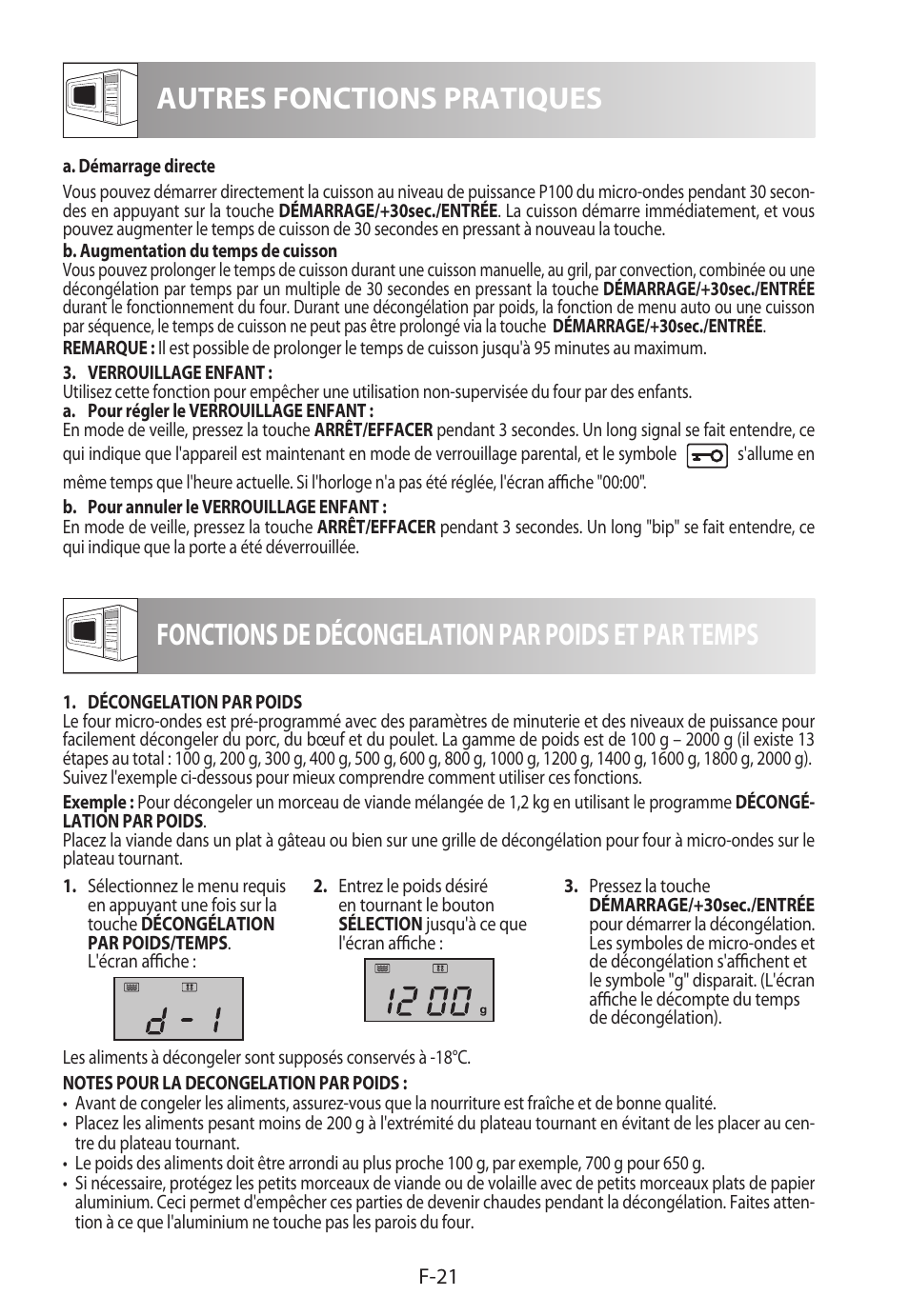 Autres fonctions pratiques, Fonctions de décongelation par poids et par temps | Sharp R-982STWE User Manual | Page 76 / 266