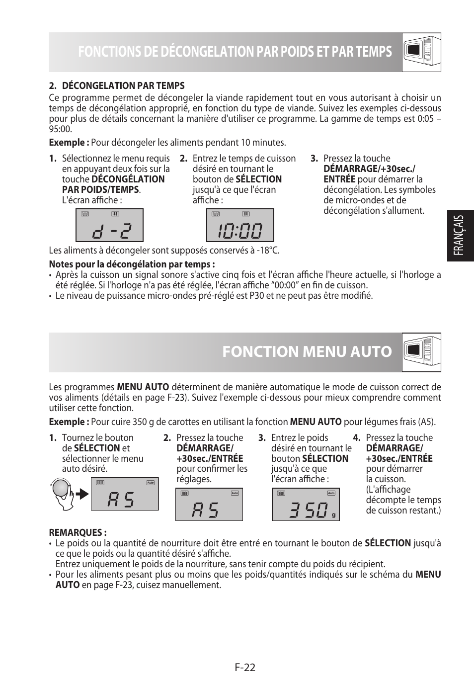 Fonctions de décongelation par poids et par temps, Fonction menu auto, Français | Sharp R-982STWE User Manual | Page 77 / 266