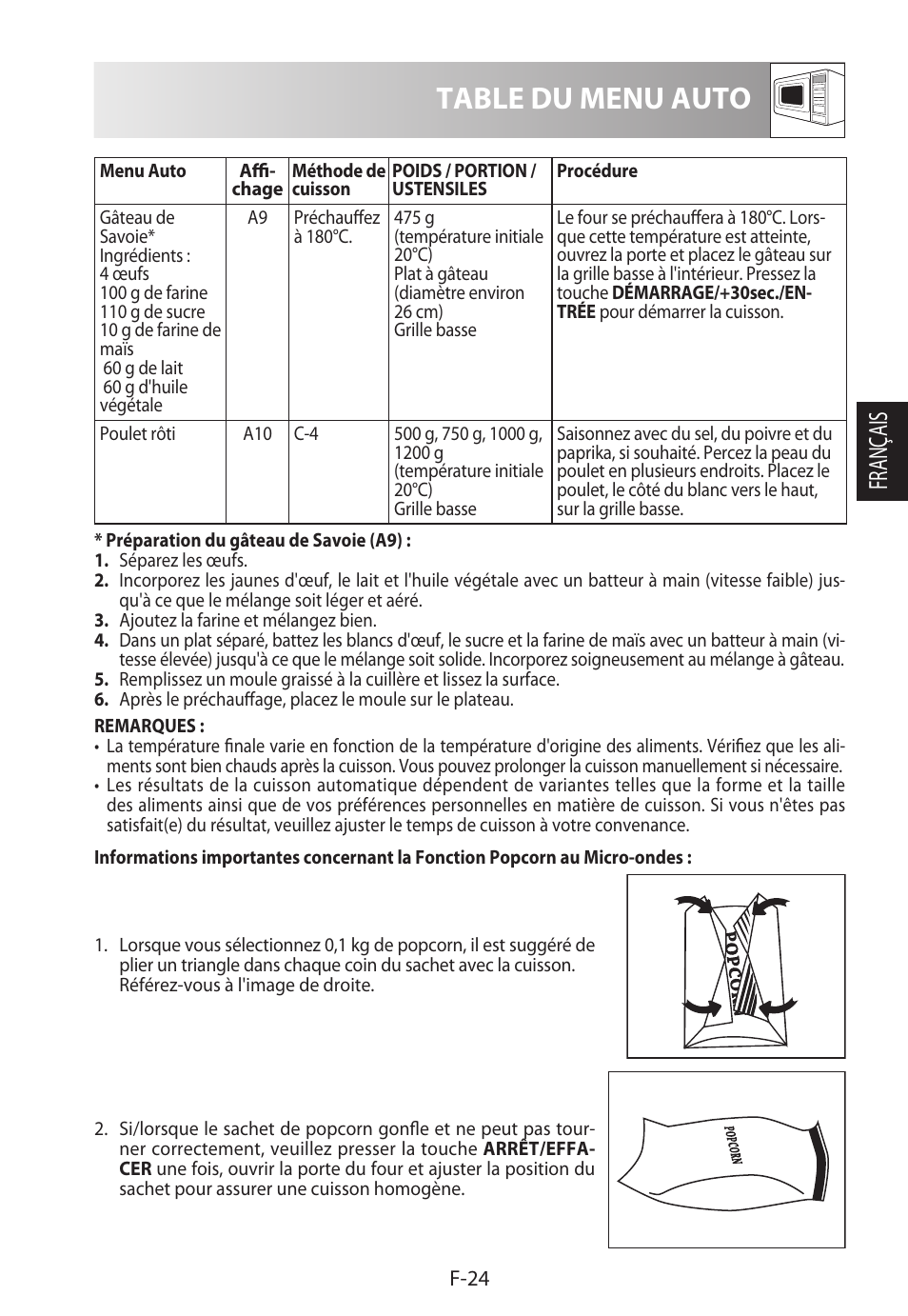 Table du menu auto, Français | Sharp R-982STWE User Manual | Page 79 / 266