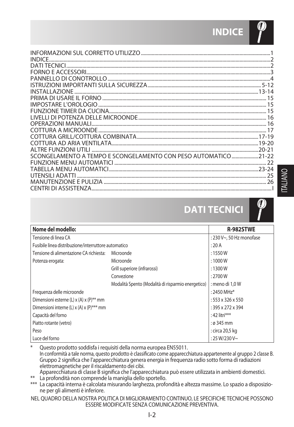 Dati tecnici indice, It aliano | Sharp R-982STWE User Manual | Page 83 / 266